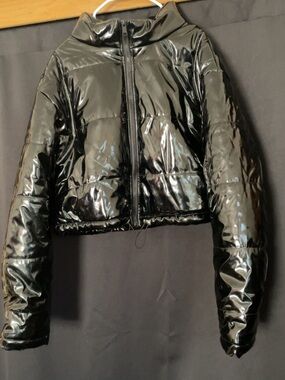 Daisy Black Glossy Cropped Puffer Jacket with High Collar